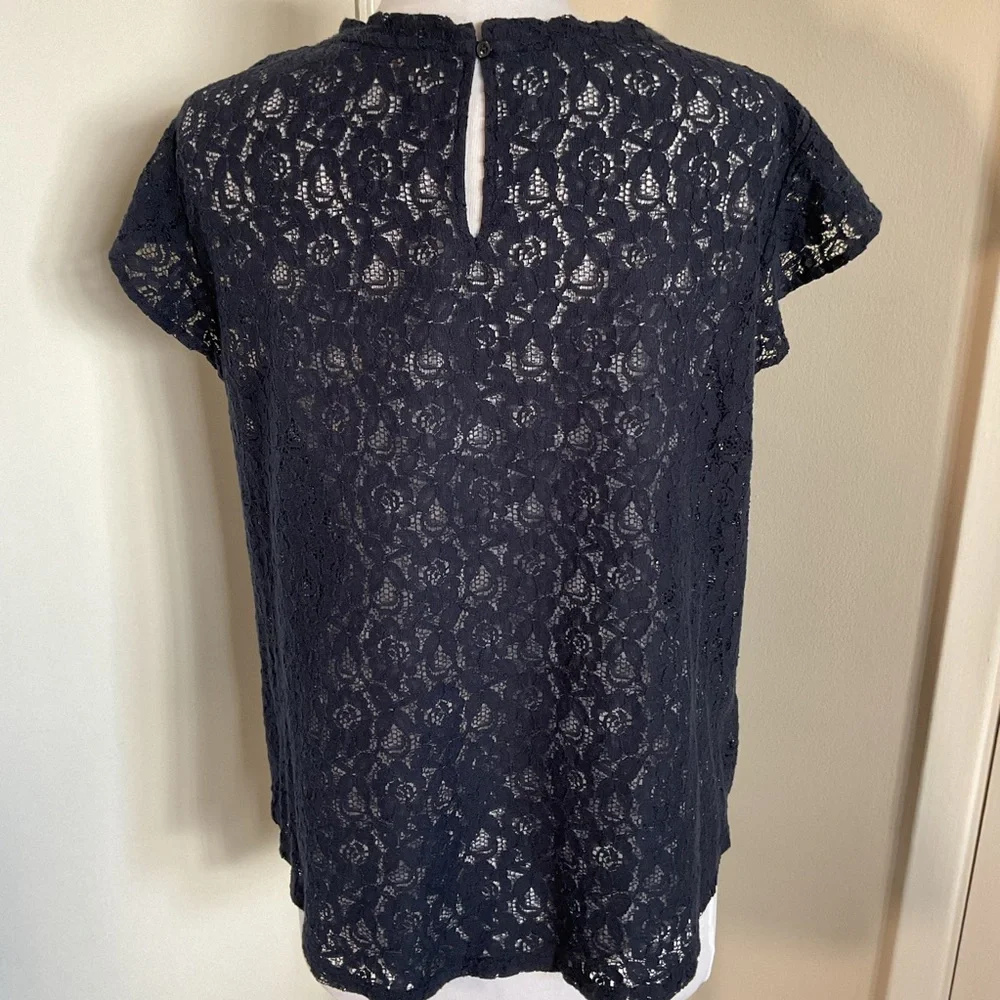 LOFT Navy Blue Floral Embroidered Lace Blouse Large L Cotton Blend Short Sleeve - Picture 5 of 5